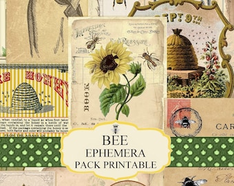 Bee Ephemera Pack, Junk Journal Ephemera, Digital Junk Journal Kit, Post Card, Collage Sheet, Download, ATC, tag vintage, Printable busy bee