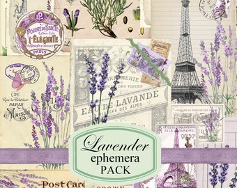 May include: A digital collage sheet pack with a lavender theme. The pack includes images of lavender flowers, vintage labels, and Parisian landmarks. The text "Lavender ephemera PACK" is featured in a green circle.