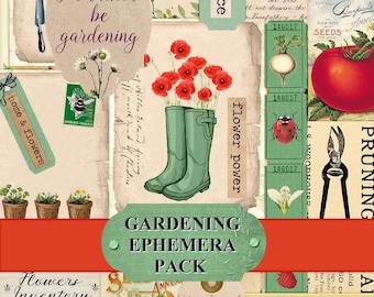 Junk Journal Ephemera, Gardening Ephemera Pack Garden ephemera Post Card, Tag, Digital Download, Junk Journal Kit