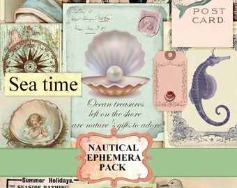 Ongewenste Journal Ephemera, nautische Ephemera Pack Sea Seashell Ephemera Postkaart, Tag, Digitale Download, Junk Journal Kit