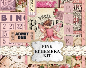 Junk Journal Ephemera, Pink Ephemera Pack Post Card, Tag, Digital Download Junk Journal Kit Printable vintage pink collage sheet