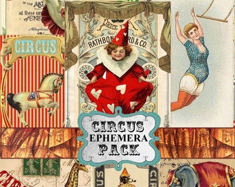 Circus Junk Journal Kit Ephemera, Carnival ephemera Post Card, Tag, Digital Download, Printable circus digital downloads