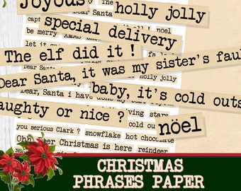 Christmas Words Phrases Printable Paper,Mixed Media, Digital Collage Sheet, Chrsitmas Junk Journal