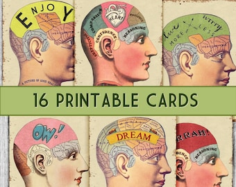 Inspirierende Vintage-Karten: Anatomische Gehirnkarten aus der viktorianischen Zeit, medizinische Gehirnanatomie, Kopfkarte zum Ausdrucken, Phrenologie-Trend, Motivationskarten