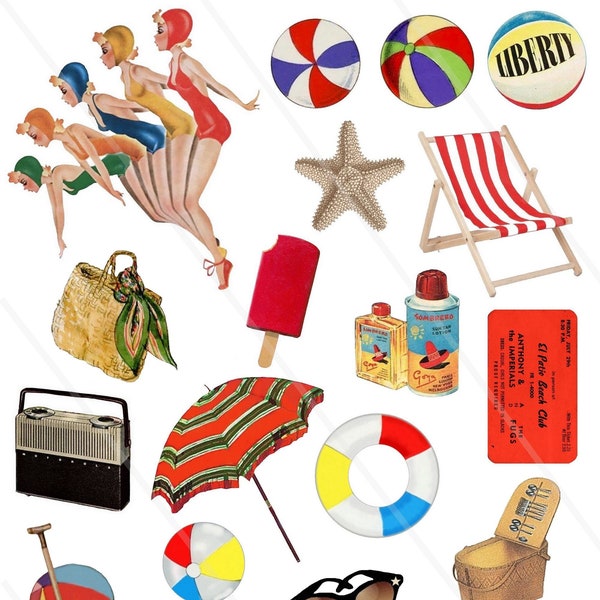 Retro Beach Summer clip art Vintage digital collage sheet swimming pool bathing beauty Digital Download Retro summer Holiday PNG stickers