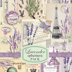 Kit de diário de lavanda vintage, pacote de itens efêmeros – cartões postais imprimíveis, imagens botânicas, rótulos e muito mais para scrapbooking, Allegradigital