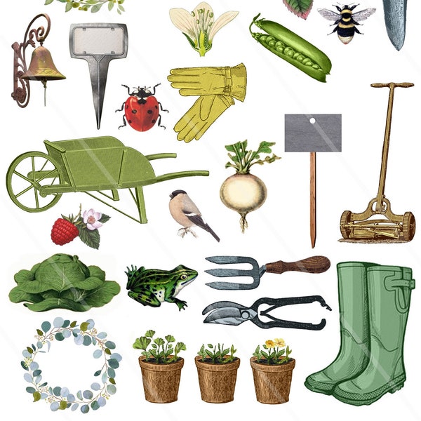 Digital Collage Sheet gardening garden clip art PNG images JPEG images vintage ephemera Scrapbook Junk Journal