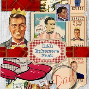 Imágenes prediseñadas de efímeras de papá retro: hojas de collage digitales vintage para el Día del Padre, PNG y JPEG imprimibles de los años 50 y 60, manualidades con diario basura y álbumes de recortes