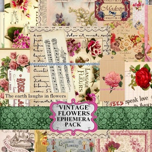 Junk Journal Ephemera, Pacote de Flores Ephemera, Cartão Postal, Etiqueta, Download Digital, Kit Junk Journal, Flores Vitorianas para Imprimir