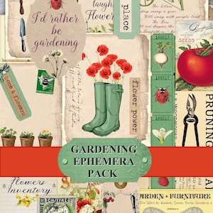 Gardening Junk Journal Ephemera Pack Garden printables Post Card, Tag, Digital Download, Junk Journal Kit