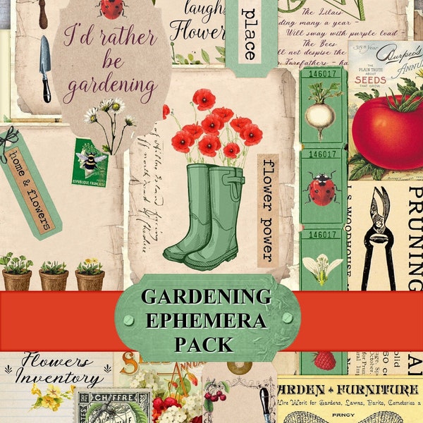 Junk Journal Ephemera, Gardening Ephemera Pack Garden ephemera Post Card, Tag, Digital Download, Junk Journal Kit