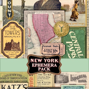 Effimere d'epoca di New York City | Foglio di collage digitale per scrapbooking, journaling e junk journal