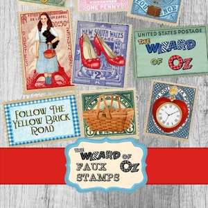 Printable Stamps The Wizard of Oz Ephemera, Junk journal Supplies, Dorothy ruby slippers Paper, Small Digital Ephemera Page faux stamps