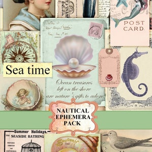 Junk Journal Ephemera, Nautical Ephemera Pack Sea seashell ephemera Post Card, Tag, Digital Download, Junk Journal Kit