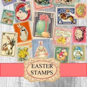 Printable Stamps Easter Ephemera, Junk journal Supplies, Vintage Easter , Scrapbooking Paper, Printable faux stamps mail stamp postage
