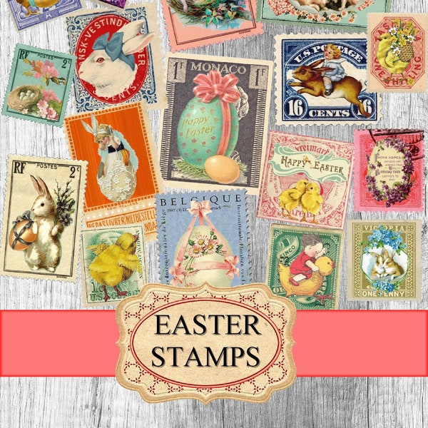Printable Stamps Easter Ephemera, Junk journal Supplies, Vintage Easter , Scrapbooking Paper, Printable faux stamps mail stamp postage