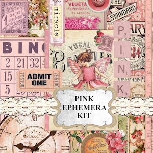 Junk Journal Ephemera, Pink Ephemera Pack Post Card, Tag, Digital Download Junk Journal Kit Printable vintage pink collage sheet