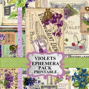 Violets Ephemera Pack - Vintage Purple Wildflowers, Postcards, Tags & Printable Junk Journal Kit - Digital Download