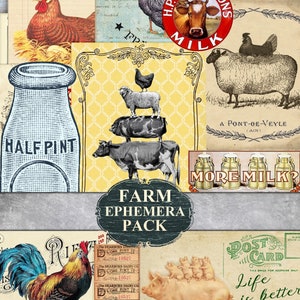 Farmhouse die cuts ephemera, Farm Junk Journal, clip art Rooster Post Card, Tag, Digital Download, Vintage country