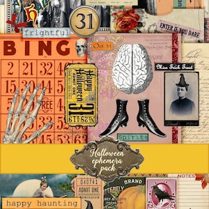 Halloween Junk Journal Ephemera, cartão postal do pacote Ephemera, etiqueta, download digital, Halloween Junk Journal Kit para impressão de scrapbooking de Halloween