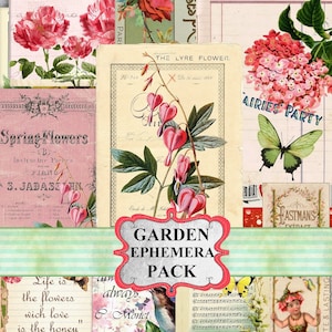 Flowers Garden Ephemera Pack Junk Journal Ephemera, Postal, Hoja de Collage, Descargar, ATC, Junk Journal Kit, etiqueta, vintage, Imprimible