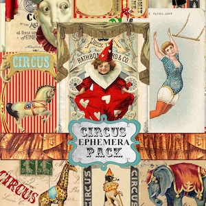 Circus Junk Journal Kit Ephemera, Carnival ephemera Post Card, Tag, Digital Download, Printable circus digital downloads