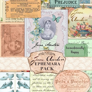 Junk Journal Ephemera, Jane Austen Ephemera Pack Pride and Prejudice ephemera Post Card, Tag, Digital Download, Junk Journal Kit