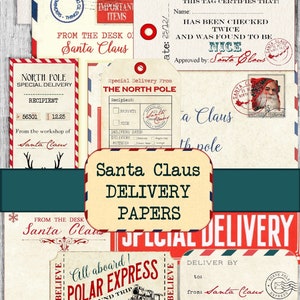 Carta navideña imprimible Papá Noel Papeles de entrega, sobres, etiquetas, tarjetas, etiquetas, Cartas de Papá Noel, lista de deseos navideños imprimible