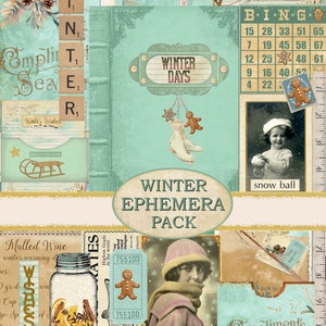 Junk Journal Ephemera, Winter Ephemera Pack Post Card, Tag, Digital Download, Junk Journal Kit Vintage Christmas Snow Ice skating