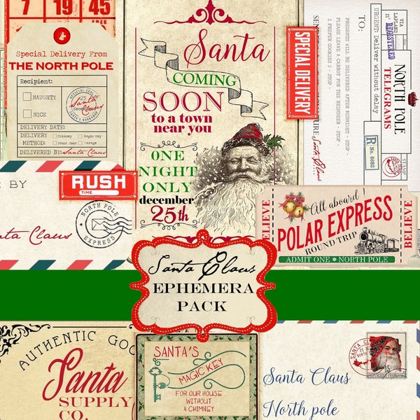 Santa Claus Ephemera Christmas printables, Christmas wish list Ephemera, Digital Download, Christmas Junk Journal Kit, Printable Santa