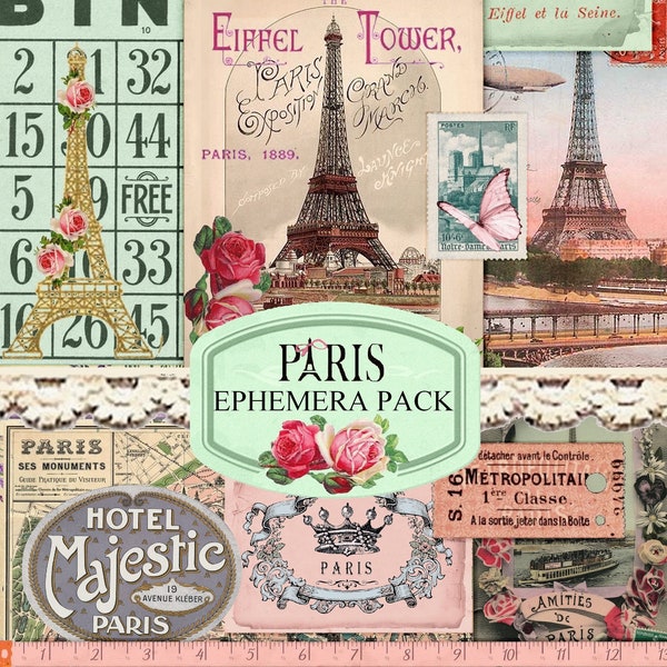 Junk Journal Ephemera, Paris French Ephemera Pack Eiffel Tower ephemera Post Card, Tag, Digital Download Junk Journal Kit Printable vintage