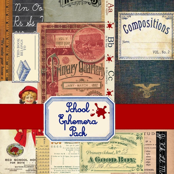 Retro School Junk Journal Ephemera, Ephemera Pack Vintage School printables  Post Card, Tag, Digital Download, Junk Journal Kit, Printable