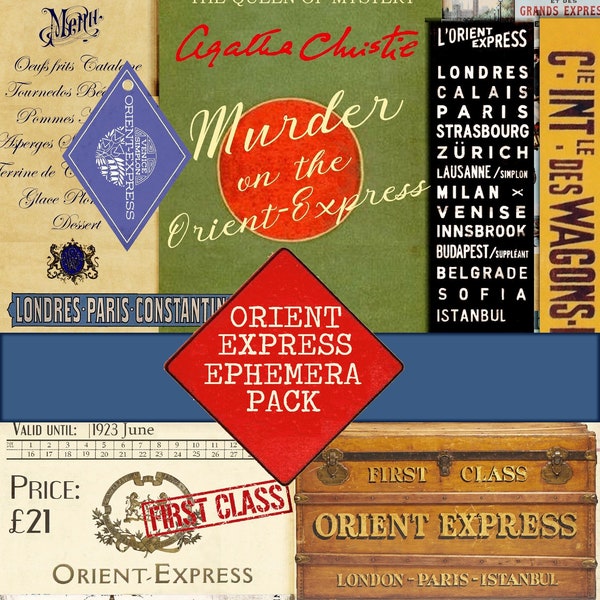 Vintage Orient Express Train Ephemera Digital Collage Sheet Travel ephemera for junk journal decoupage craft project Agatha Christie