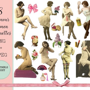 Hojas de collage digital de imágenes prediseñadas de mujeres vintage: damas elegantes con ropa estilo babydoll, osito de peluche y glamour