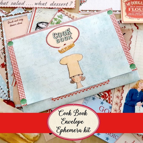 Cook Book Envelope Retro Cook ephemera Kit, Cook Junk Journal, Instant Download, Vintage Recipes Printable retro cookbook folio cards