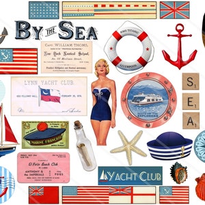 Clipart vintage mer nautique marin, images digitales pour la création de carte, scrapbooking, junk journal journaling spot