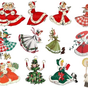 Vintage Christmas Girls 50's Fifties Clipart Clip Art Digital Collage Sheet Christmas Scrapbooking for Card Making Decoupage Paper PNG