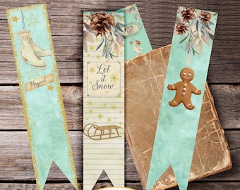 Printable Bookmarks,Book Lover Bookmark Winter Christmas digital bookmarks, Journal Tag Book Mark collage sheet Junk Journal