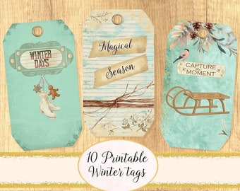 Etichette invernali etichette regalo stampabili cartellini effimeri journaling creazione scrapbooking foglio di collage digitale natalizio retrò Junk Journal