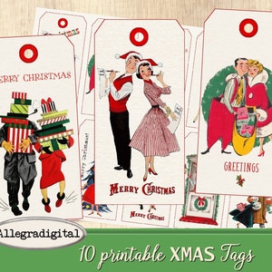 Retro Christmas Tags printable gift tags hang tags journaling mid-century xmas images instant download digital collage sheet