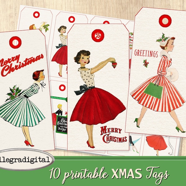 Retro Christmas Tags printable gift tags hang tags journaling craft hobby crafting scrapbooking instant download digital collage sheet