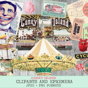 Vintage Coney Island Ephemera and Clipart | Funfair & Lunapark Digital Collage Sheet for Junk Journals and Crafts, Allegradigital