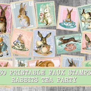 Printable Stamps Easter Ephemera, Tea time Rabbit Faux stamps, Vintage Easter , Scrapbooking Paper Printable faux stamps Easter Junk Journal