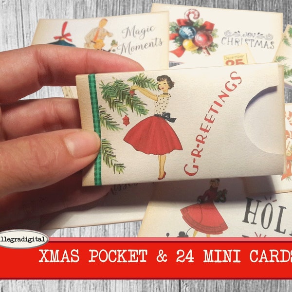 Retro Christmas Pocket Cards, Loaded Envelope, Tags, Junk Journal Kit, Printable Ephemera, Collage Sheet, Digi Kit, Paper, Download