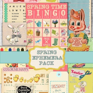 Retro Easter Spring Digital Ephemera and Journaling, Junk Journal Kit, Fussy Cut Bunny, vintage rabbits, children printable collage sheets