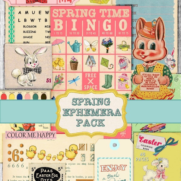 Retro Easter Spring Digital Ephemera and Journaling, Junk Journal Kit, Fussy Cut Bunny, vintage rabbits, children printable collage sheets