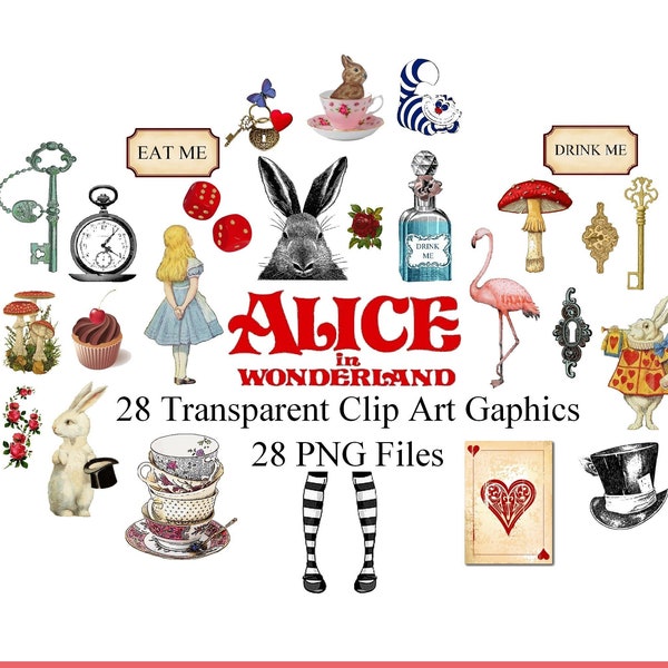 Collage digital Alice aux pays des merveilles rose, images digitales, clipart carte scrapbooking PNG JPEG junk journal journaling spot