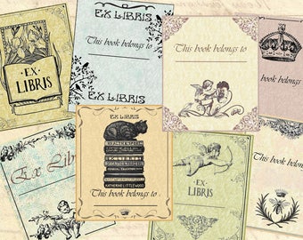 Digital Collage Sheet EX LIBRIS BOOKPLATES Printable Download Vintage ephemera paper goods scrapbooking Paper ex-libris Junk journal