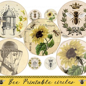 Bee Digital collage sheet 1 inch circles and more vintage bee buzy bee Bee hive for cabochon magnets bottlecap images cabochon images