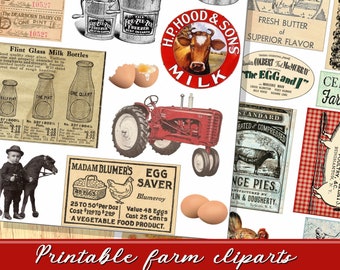 Farmhouse Digital Collage Sheets Country cliparts rooster chicken eggs Vintage country clip art Printable Ephemera Png files